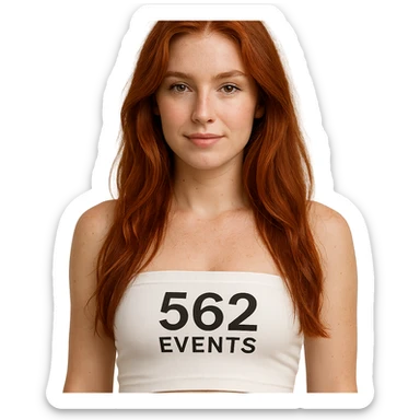 realistic woman with long red hair, wearing a white tube top labeled '562 Events' sticker