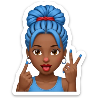 brown girl with blue locs in a bun with tongue out and red nails showing middle finger sticker