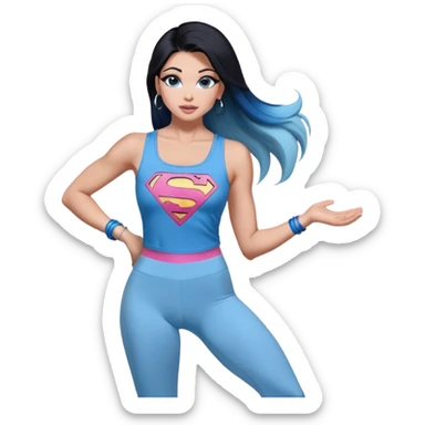 Tall-full chest-hand heat emoji-long legs-huge female chest-very excited-model beautiful face-black leggins-light-pink-lips-very long-very-straight-dark-blue-ombre-hair-and-blue-eyes-thick-black-eyeliner-thick-long-eyelashes-sky blue-superman-lower cut tank top-silver-hoop-earrings sticker
