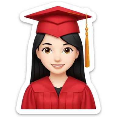 white girl with straight black hair graduating in a red cap and gown, smiling sticker