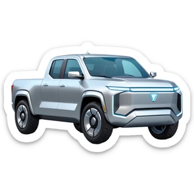 A futuristic electric pickup truck emoji, silver chrome body, angular cyber design, smooth metallic panels, subtle reflections, minimalistic proportions, iOS emoji style, centered composition, clean white background, soft lighting sticker