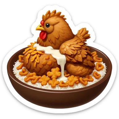 iOS-style food emoji, flat design: round bowl with white rice base, topped with crispy fried chicken pieces, fried onion bits, sweet-and-sour sauce and white sauce zigzag drizzles, finished with parsley flakes, clean shapes, transparent background. sticker