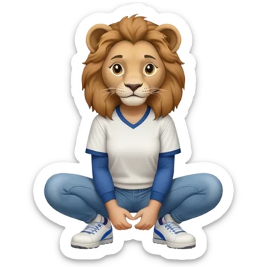 friendly anthropomorphised female lion wearing a baseball shirt, jeans, and trainers, in a squat position, empty hands sticker