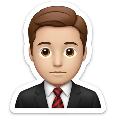 man wearing a suit with black horizontal stripes and a red tie sticker