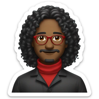 curly black long hair to mid back with fair complexion and rectangular red glasses sticker
