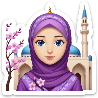 Turkish beautiful finish Konya girl blue eyes with hijab and purple cherry blossom dress on mosque sticker