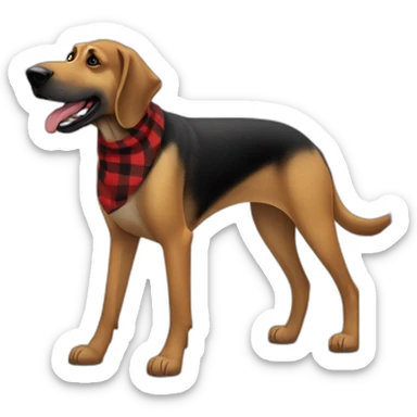 adult 75% Coonhound 25% German Shepherd mix dog with visible tail wearing small pointed red buffalo plaid bandana full body walking left quickly sticker