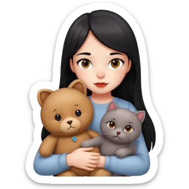 girl,drak eyes, red cheeks, black long hair with a straight bang, white face, holding a British gray cat and a brown teddy bear sticker