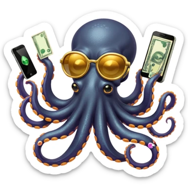 Intimidating octopus with pearl black skin, neon suction cups. Wearing mirrored sunglasses and a gold chain. 3 tentacles are holding their own cellphone, 2 other tentacles are holding stacks of money sticker