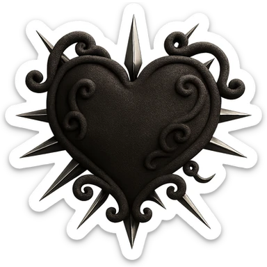 Add sharp metallic spikes to the black gothic heart in velvet 3D style, keeping the soft velvet texture and 3D look with no background. sticker