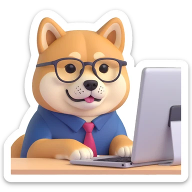 shiba inu with eye glasses and computer sticker