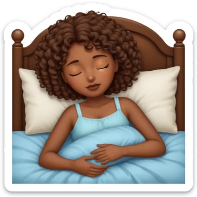 Chica morena con cabello crespo castaño dormida en cama sticker