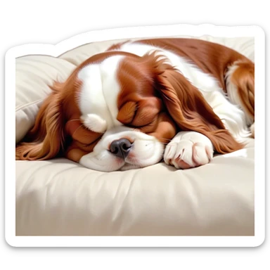 Cinematic Meme-Worthy Chubby Sleeping Cavalier King Charles Spaniel Portrait Emoji, Head resting peacefully with a contented smile, showcasing a delightfully chubby build and a luxuriously soft coat of chestnut and white, eyes shut in a serene nap, Simplified yet hilariously adorable features, highly detailed, glowing with a soft, drowsy light, high shine, relaxed and utterly lovable, stylized with an air of playful laziness, bright and heartwarming, soft glowing outline, capturing the essence of a comically sleepy Cavalier King Charles Spaniel, so meme-worthy it feels like it could instantly become the next viral sensation of adorable slumber! sticker