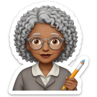 old woman teacher, brown skin, curly grey white hai, wearing glasses, hold chalk on hand sticker