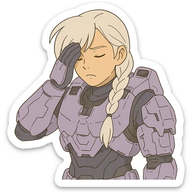 female, wearing reach spartan armor shoulder-unequip, long white braid hair with massive messy front side single bangs, gold yellow eyes, attention pose, D-cup size, HALO:series, no helmet, the armor is lavender color scheme, facepalm, smh, eyes closed sticker