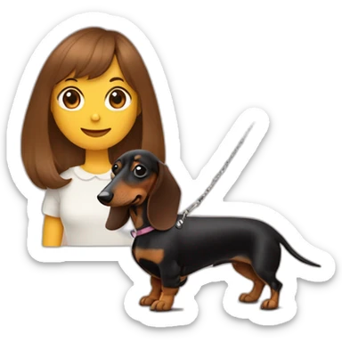 A woman with shoulder-length brown hair and straight bangs has a rough-coated dachshund on a leash. sticker