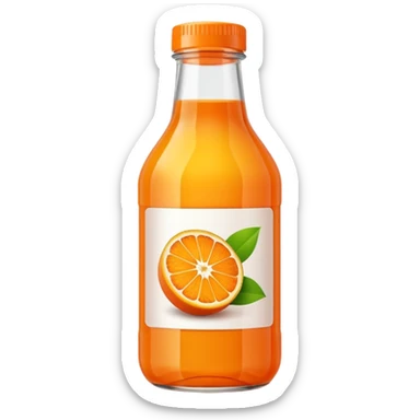 bottle of fruit juice orange or red or yellow, transparent or semi-transparent, simple screw cap, blank label optional, glass or PET plastic, iconic shape, vibrant liquid, 3D clean style, transparent background, optimized for emoji size sticker