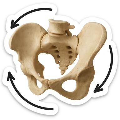 realistic human pelvic bone viewed from the front, rotated clockwise (to the right for the viewer), with clear arrows circling clockwise around the pelvis to highlight the rotation, medical anatomical style, no background sticker