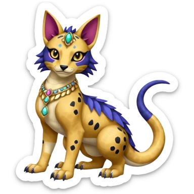 Egyptian furry hyper-realistic colorful with black rosette-splotches, scaley Bastet-Liepard-Noibat-Gatomon-Garchomp-Digimon-Fakémon-Pokémon-creature (full body) sticker