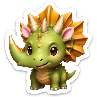 Cinematic Cute Triceratops Portrait Emoji, Head tilted playfully with a gentle smile, featuring a compact, sturdy body with three adorably prominent horns and a charmingly frilled head, Simplified yet irresistibly adorable features, highly detailed, glowing with a warm, inviting earthy glow, high shine, affectionate and lively, stylized with a touch of whimsical dinosaur charm, soft glowing outline, capturing the essence of a mischievous yet endearing Triceratops that seems as if it could trot out of the screen into your arms! sticker