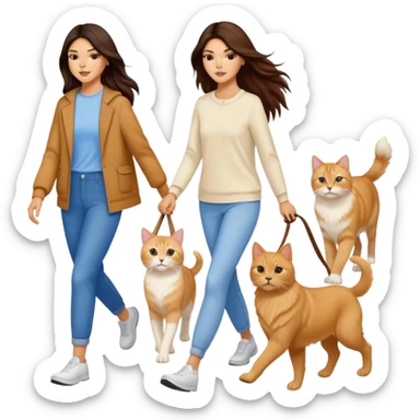 Kendall Jenner with long brown hair walking a golden retriever dog and three cats, two cream colored cats and one white and blue cat sticker