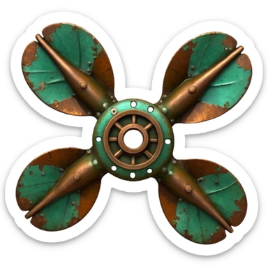 3D render of Ship Propeller, heavily oxidized copper texture, verdigris patina, Bronze blades with green barnacle/rust spots, weathered bronze aesthetic, ancient decay, emoji style, isolated on white background --v 6.0. sticker