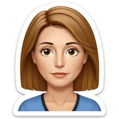 50 year old Caucasian woman with shoulder length brown hair and blond highlights and no bangs. Brown eyes with thin, black eyebrows. Medium size nose with a couple of freckles. Thin lips and slender shoulders. sticker