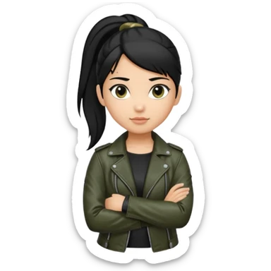 A girl with a pony tail black hair and olive ish skin, Asian eyes, with a black jacket and a black purse with arms crossed  sticker