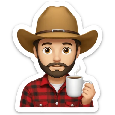 generate an ios genmoji of a 20 year old tan boy with a cowboy hat and side burn beard. Wearing a flannel and carrying a coffee mug sticker