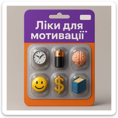 Create an ironic 3D illustration of blister pack tablets in the style of a pharmacy product, but with a satirical twist.
Instead of regular capsules, there should be miniature symbolic objects inside that represent a ‘cure’ for a specific modern problem, condition, or desire.
Title: "Ліки для мотивації". sticker