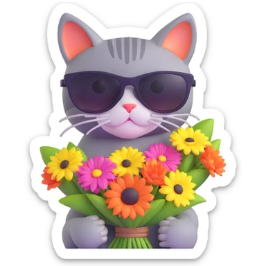 cat wearing sunglasses holding a bouquet of flowers sticker