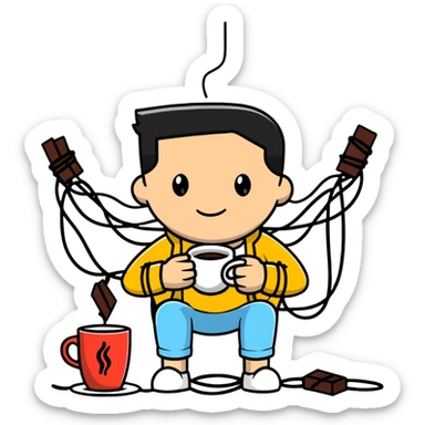 crazy coder with coffee spills and tangled wires sticker