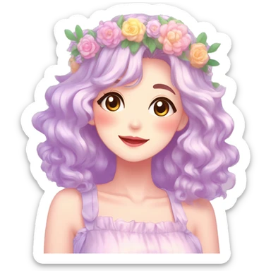 Gorgeous Shiny Colorful Pastel Anime Style Mature Lady with blushing face and pretty hair with a flower crown pastelcore kawaii cottagecore fairycore aesthetic trending style sticker