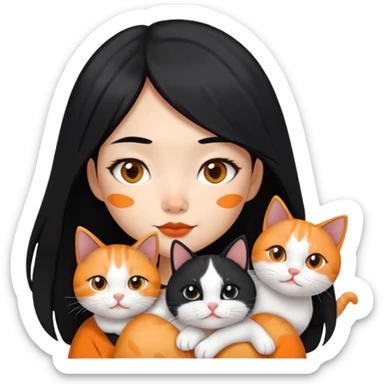 Help me make an emoii style picture of an Asian girl with long black hair holding two cats. One cat has a black and white hair, with a black spot under the left side of her nose; another cat is a short-haired orange and white cat, with orange spots around his nose and mouth. sticker