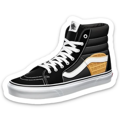 Black Vans Sk8-Hi shoes arranged as a neat pair with the back shoe slightly offset behind the front one, detailed high tops with signature white stripe and waffle soles sticker