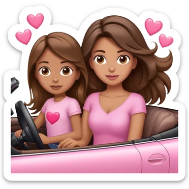 A mom brown long balayage Hair and one daughter Children brown hair,  driving in pink convertible with hearts  sticker