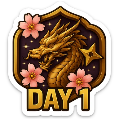 Keep the design as close as possible to the previous image with a rich purple background, Japanese crest shape, realistic gold dragon, sakura flowers, ninja star, and sparkly effects. Make the gold accents and dragon even brighter and more vibrant. Include the text 'DAY 1' in bold, easy-to-read anime-style font below the dragon. The background should be transparent. The image should be sized for Twitch or Discord use. sticker