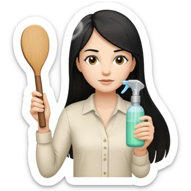 A white woman with long, straight black hair, wearing an ivory-colored shirt, holding a wooden paddle hairbrush in her left hand and spraying a hair mist bottle with her right hand toward her hair. sticker