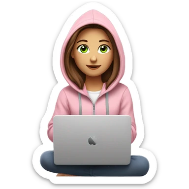 a girl with brown long hair, fair skin, green eyes, is working relaxed at a modern laptop in a monochrome pale pink zip hoodie with a hood and a pink monochrome T-shirt sticker