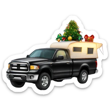 Black 4 door pickup truck with a camper attached with Christmas lights and decorations sticker