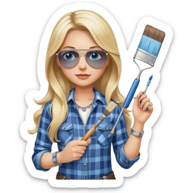 girl with long blond hair, wearing plaid shirt with blue eyes and aviator sunglasses wearing a ring on her silver necklace, holding a wall roller paintbrush sticker