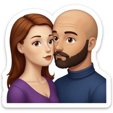 Couple. Bald man with dark brown-black beard. White woman with many small, faded freckles, she has white skin and she has auburn-brown-cinnamon, dark long hair. She has light brown eyes. The man have hazel eyes. She have light eyes. Retro style. She kisses him. Dark akademia. sticker