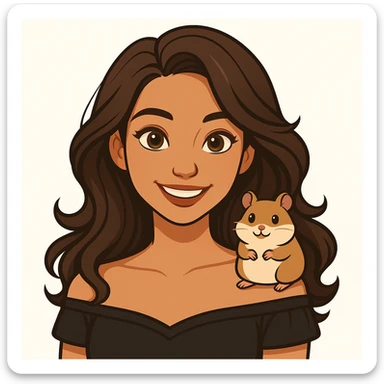 Add a cute hamster sitting on her shoulder, keeping the modern, clean, warm style and the original background. sticker