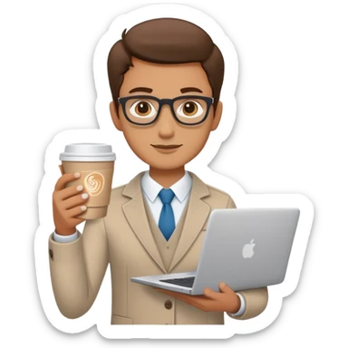 business owner confidently, holding a closed laptop in one hand and a takeaway coffee cup in the other. The character wears casual-smart clothes. sticker