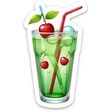 Create an emoji with a clear rounded glass, bright transparent green soda with fine bubbles, a smooth vanilla scoop, a glossy red cherry, and a red straw, using vibrant colors, soft shading, and clear glass highlights.
 sticker