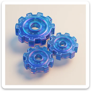 set of three round gears, shiny metallic, glossy circuit style design, high-tech, vibrant, intricate reflections sticker
