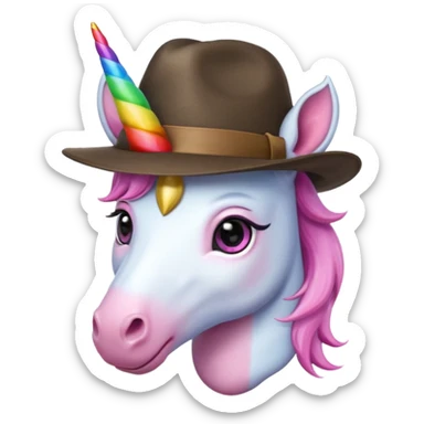 unicorn face cute wearing fedora, horn piercing through the hat sticker