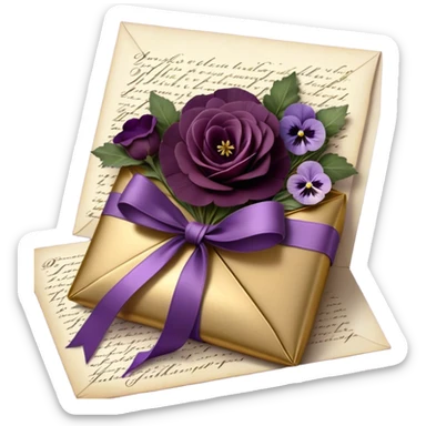 Beneath the soft light of a silver crescent moon, a bundle of handwritten letters lies wrapped in a velvety plum ribbon, adorned with a delicate sprig of lavender and a scattering of bruised violet pansies. A faded mauve rose and a deep purple peony, their petals gently curling at the edges, rest beside an ornate heart-shaped trinket, whispering tales of love lost and found. Golden stars twinkle faintly, reflecting off the wax-sealed envelopes, as if they, too, are enchanted by the lingering emotions woven into each word. sticker