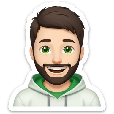 laughing guy with white hoodie, green t-shirt underneath, green eyes, dark brown undercut hairstyle and a short full beard sticker