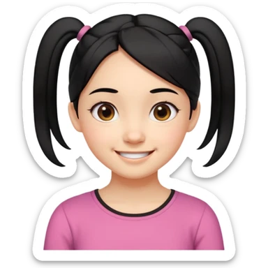 emoji-style portrait of a smiling girl with black hair parted in the middle tied into two low pigtails near the neck, round eyes, cheerful expression, soft cartoon features, head and upper shoulders, clean lines, minimal white background, vibrant and simple sticker
